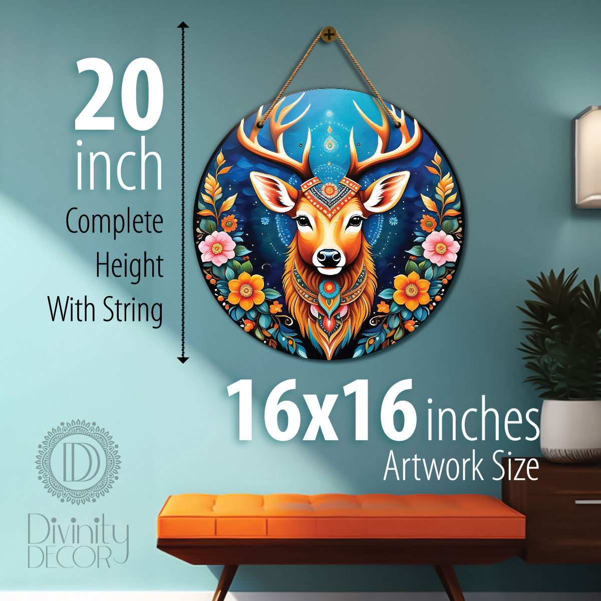 Deer in blue and floral mandala Round Wooden Wall Hanging for wall Décor - Design - 255