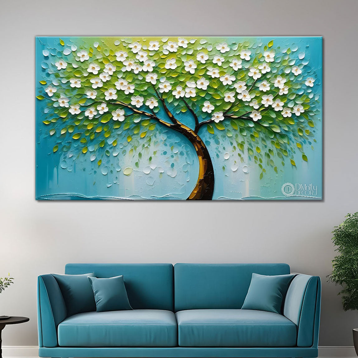 White flower tree in textured background oil painting- Design - Tree-256