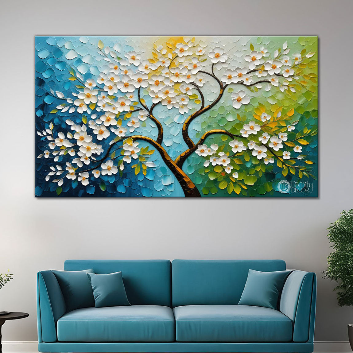 White flower tree in textured background oil painting- Design - Tree-257