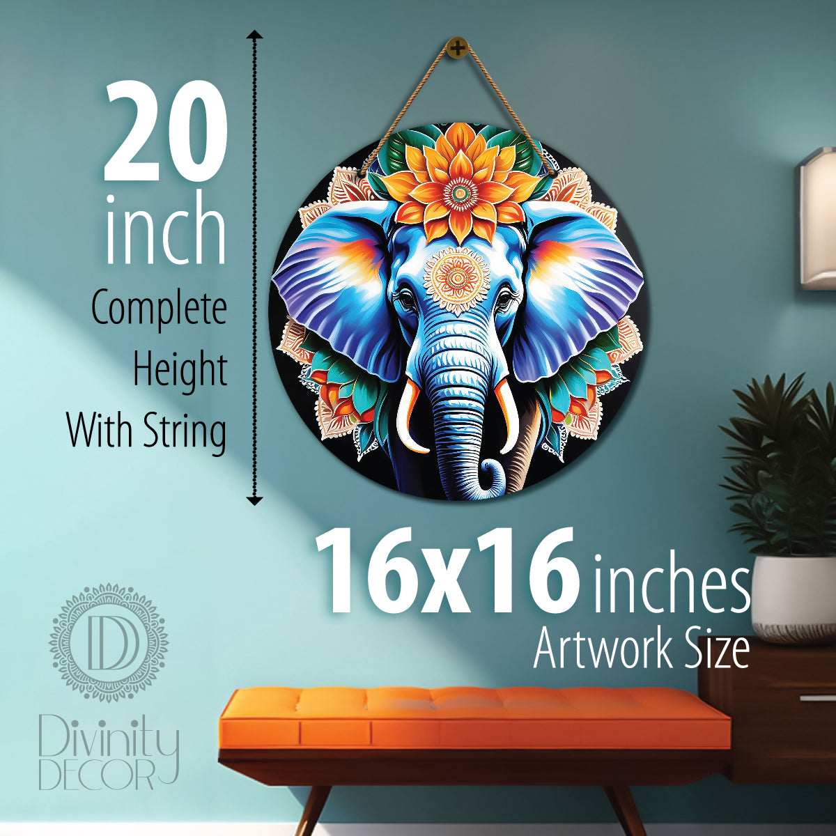 Elephant in green and orange mandala Round Wooden Wall Hanging for wall Décor - Design - 257