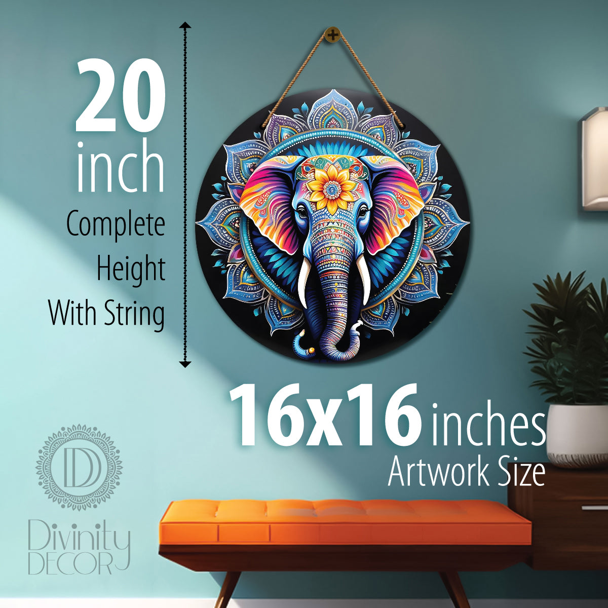 Elephant in blue and black mandala Round Wooden Wall Hanging for wall Décor - Design - 258