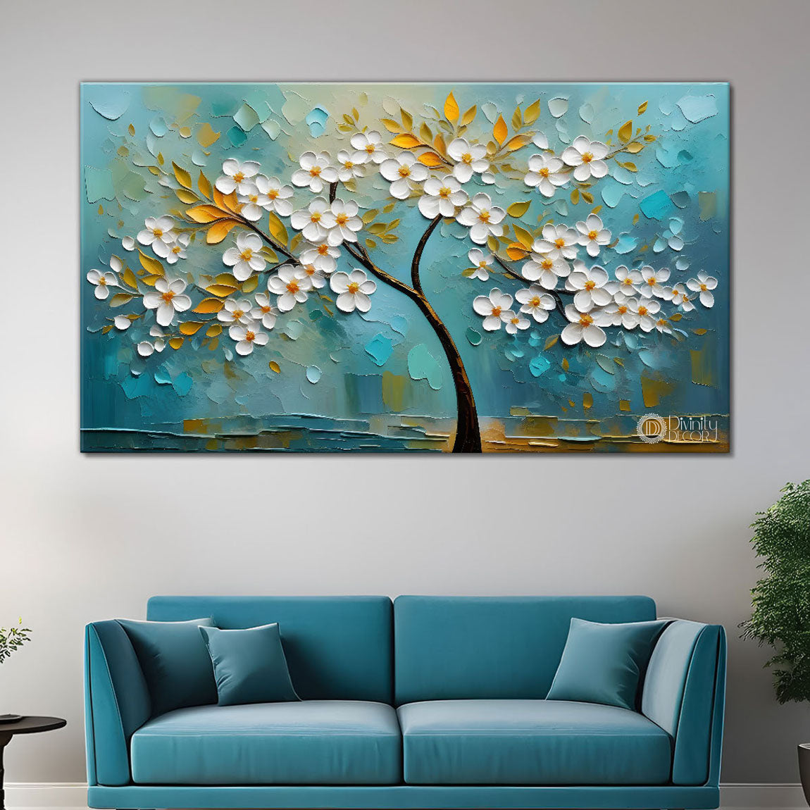White flower tree in textured background oil painting- Design - Tree-259