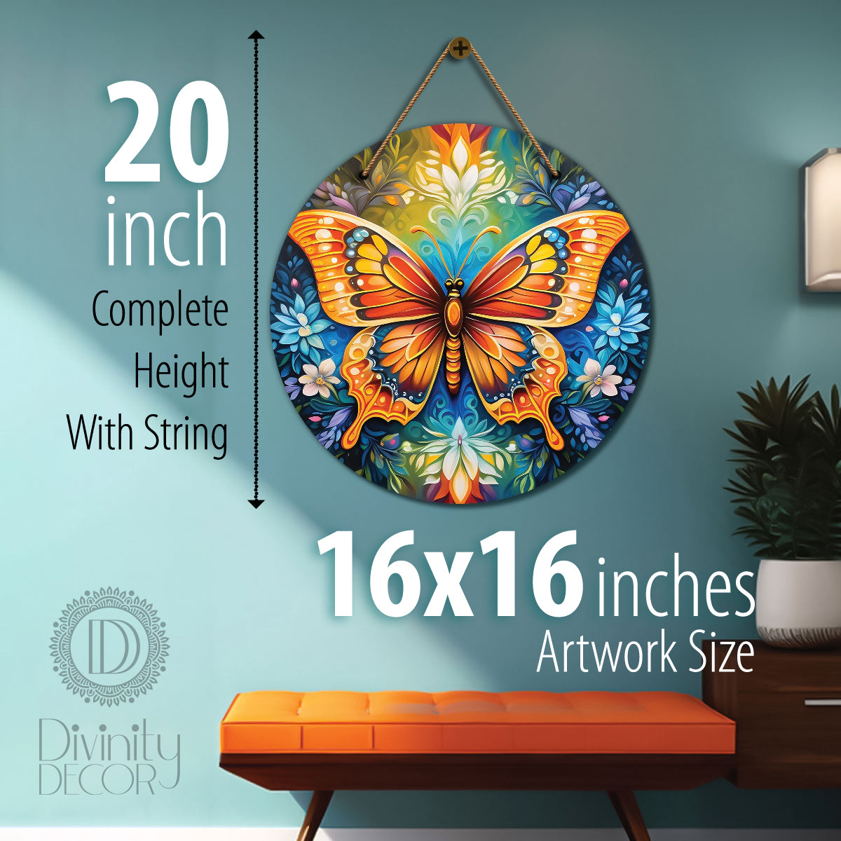 Butterfly in blue and green mandala Round Wooden Wall Hanging for wall Décor - Design - 259