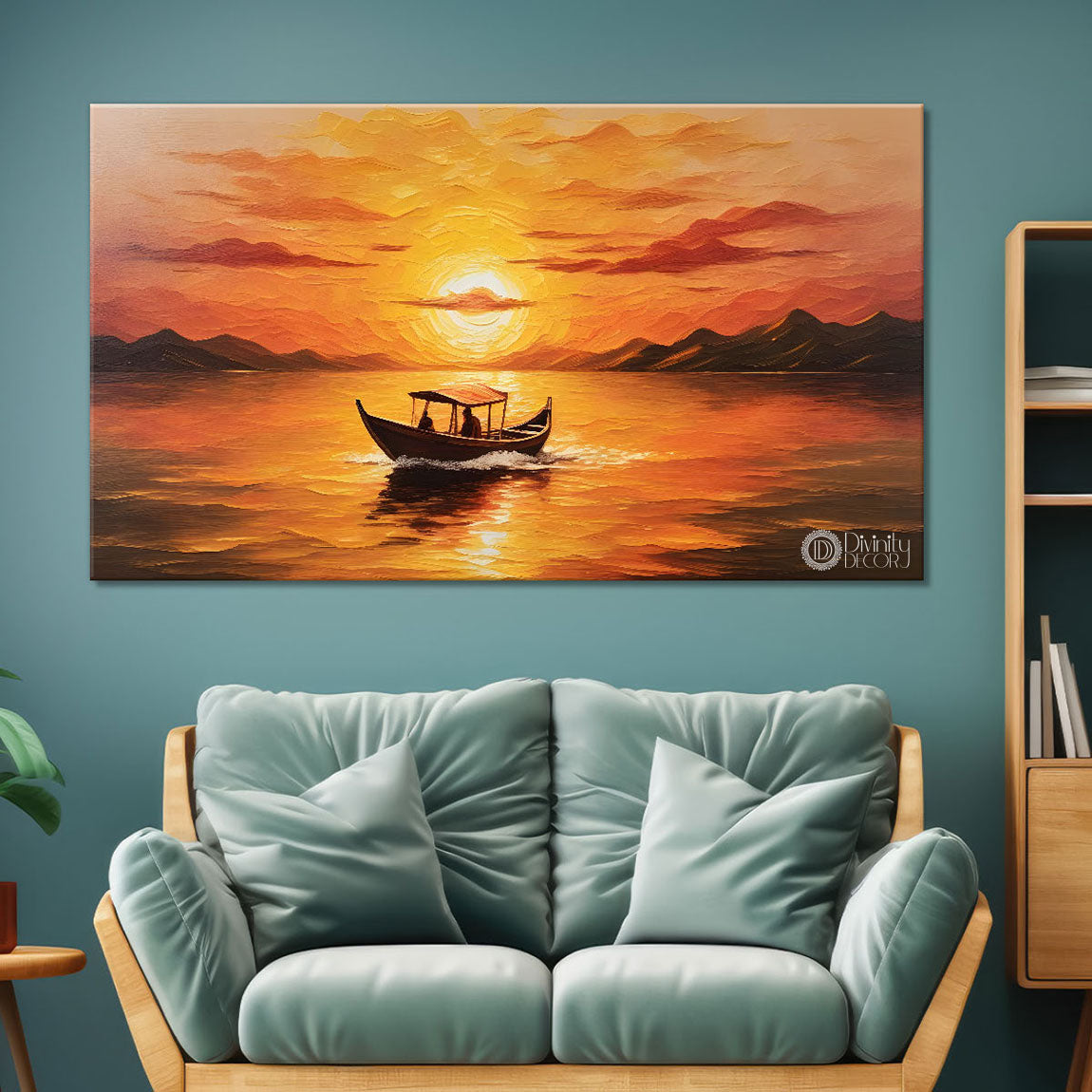 Boat in sea with sunrise background textured modern art canvas painting - Design - River-25