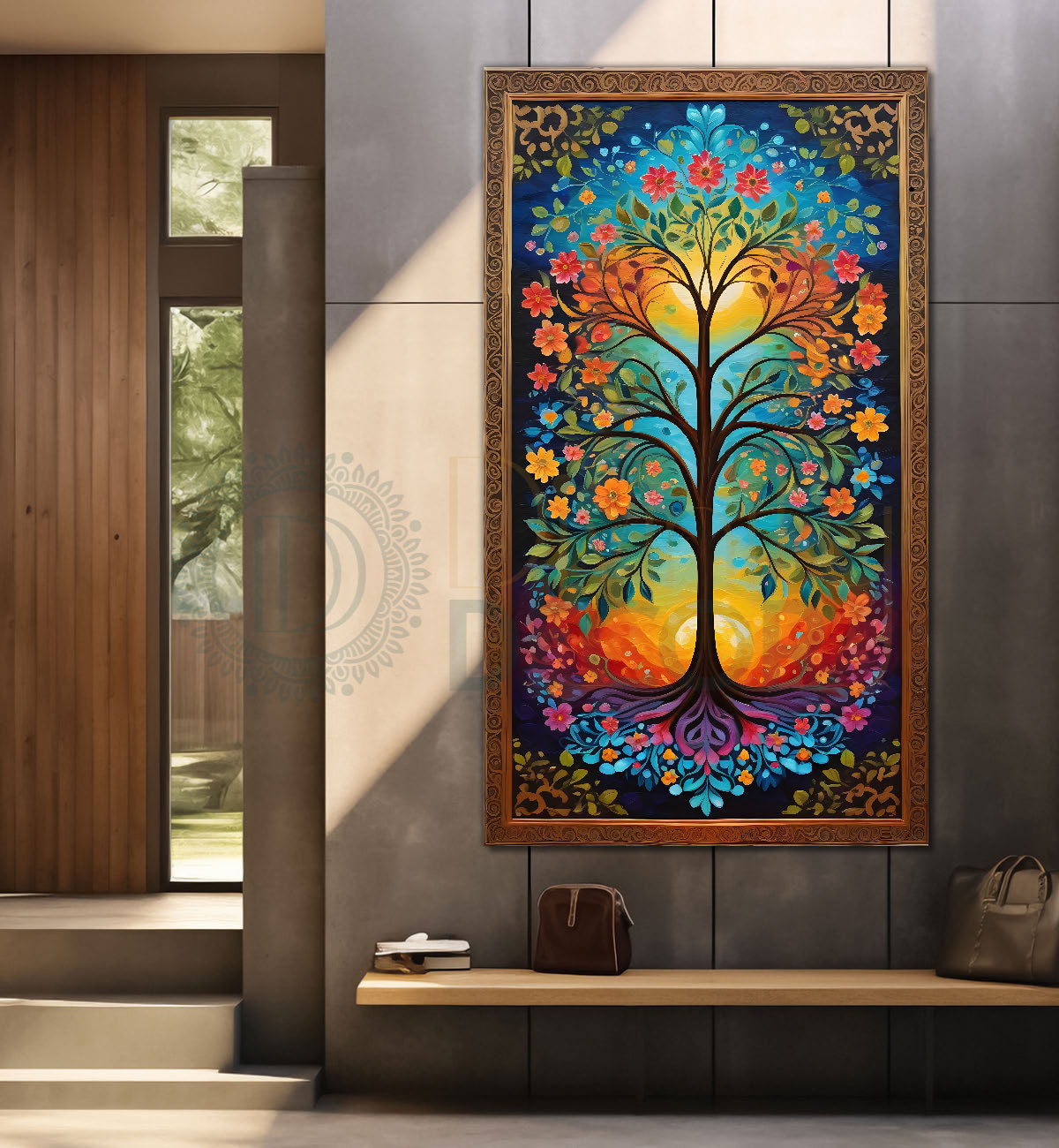 Tree with colourful flowers in bright background textured modern art Canvas painting - Tree-V-25