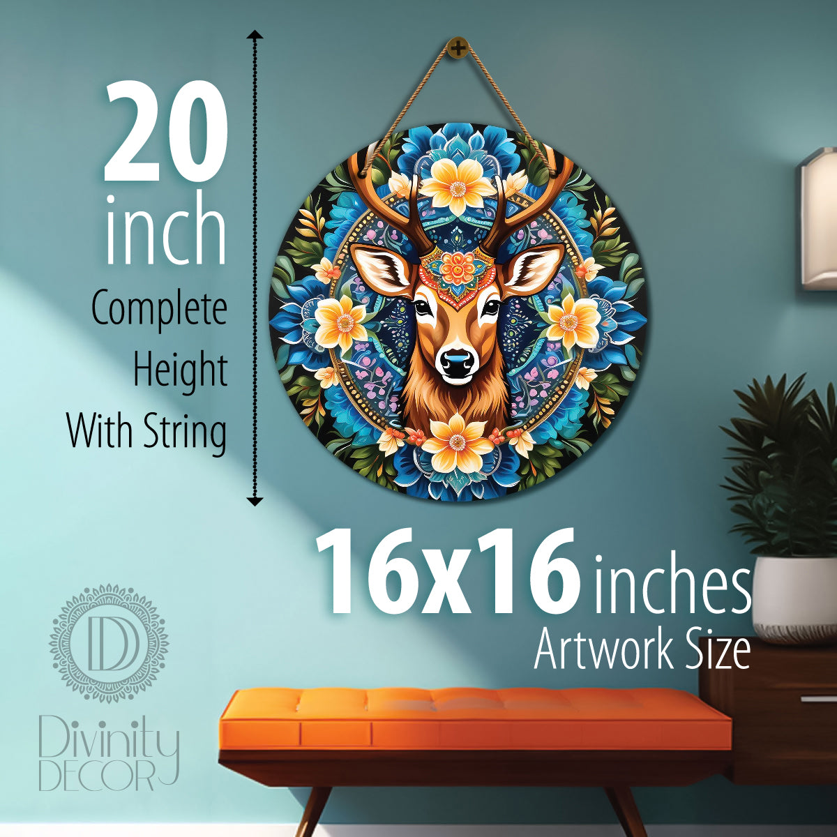 Deer in blue and floral mandala Round Wooden Wall Hanging for wall Décor - Design - 261
