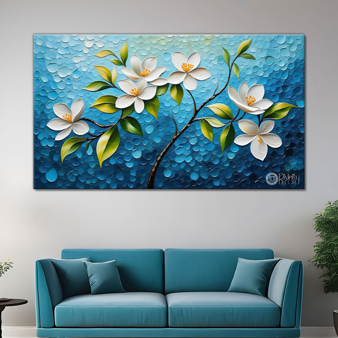 White flower tree in textured background oil painting- Design - Tree-262