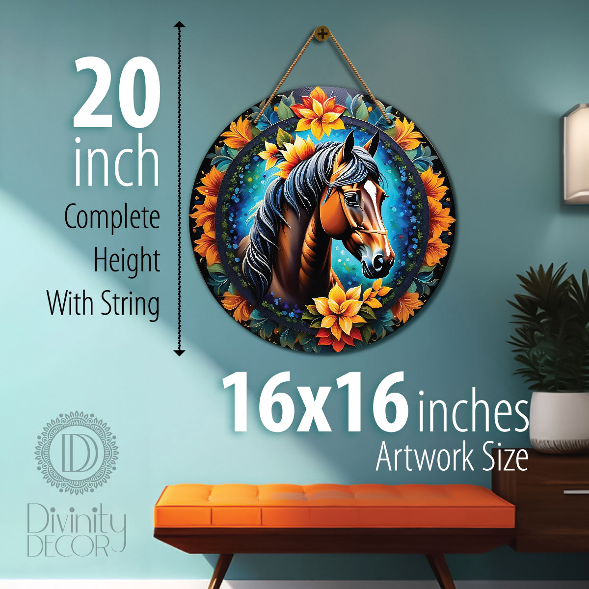 Horse in blue and orange mandala Round Wooden Wall Hanging for wall Décor - Design - 262
