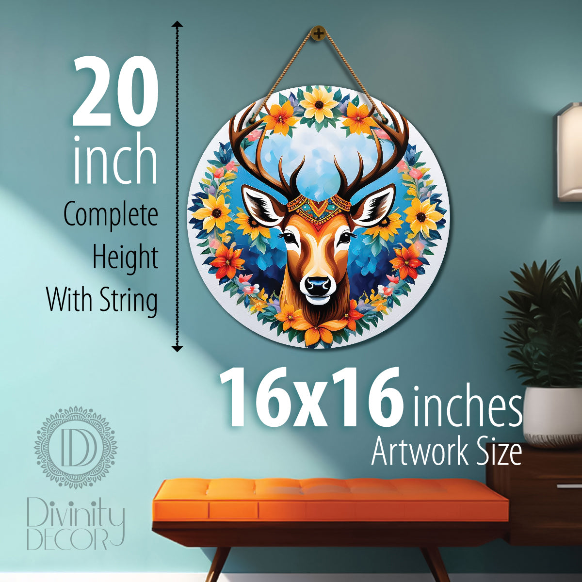 Deer in blue and floral mandala Round Wooden Wall Hanging for wall Décor - Design - 263