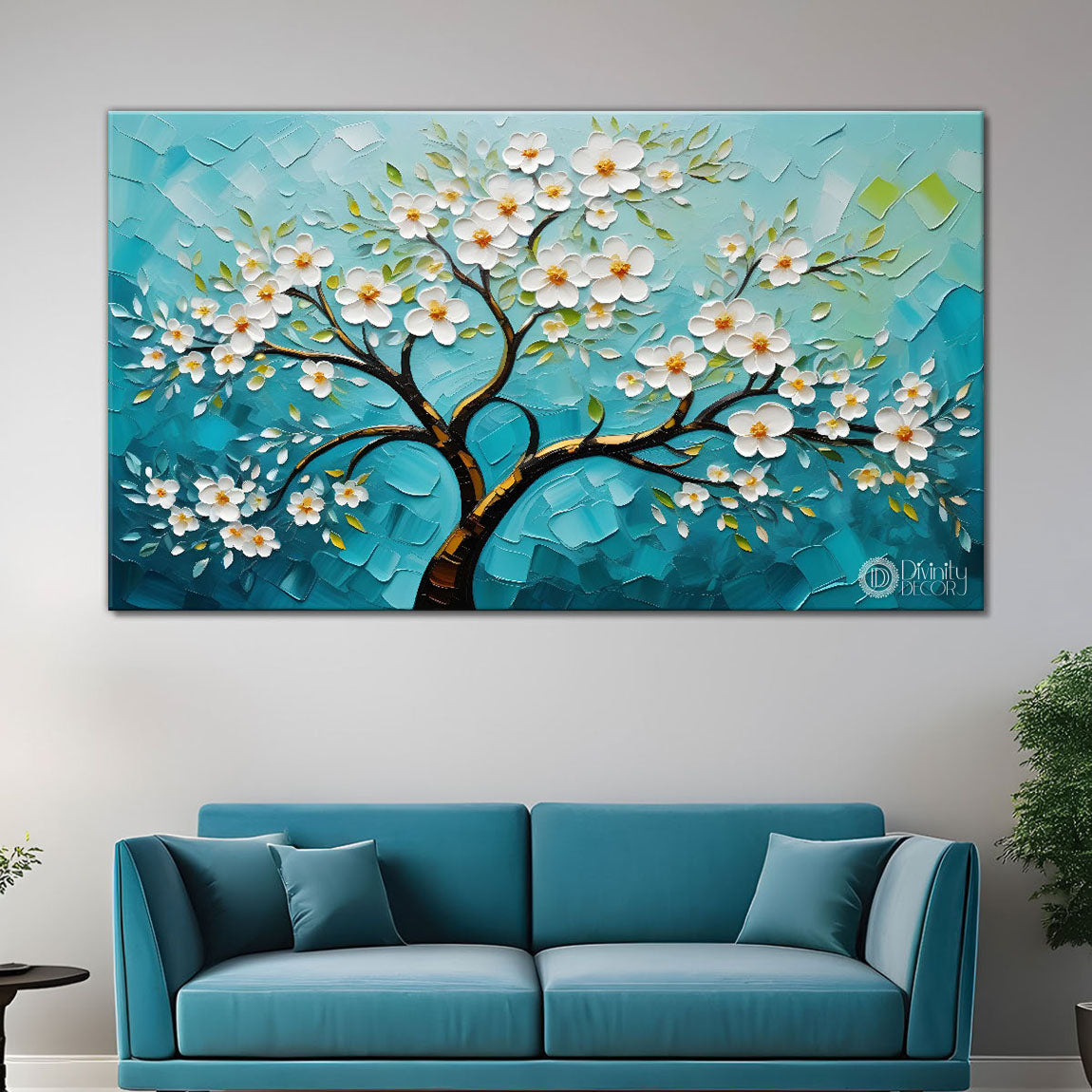 White flower tree in textured background oil painting- Design - Tree-264