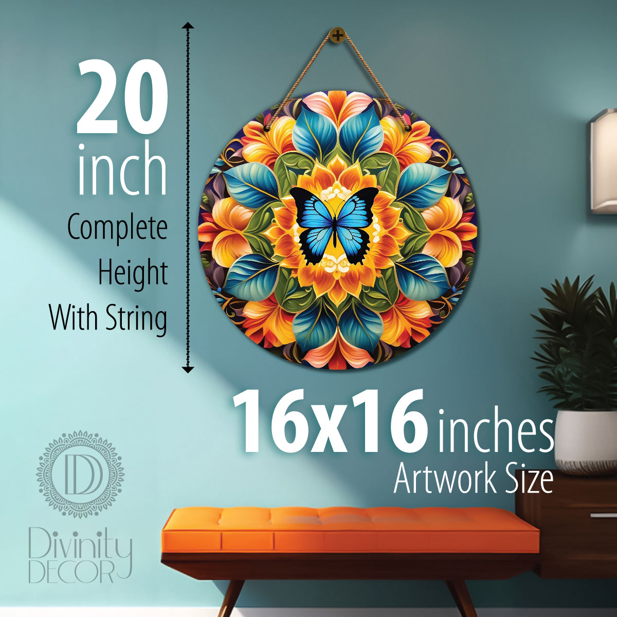Butterfly in blue and orange mandala Round Wooden Wall Hanging for wall Décor - Design - 264