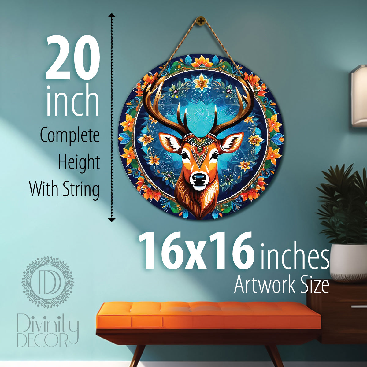 Deer in blue and floral mandala Round Wooden Wall Hanging for wall Décor - Design - 265