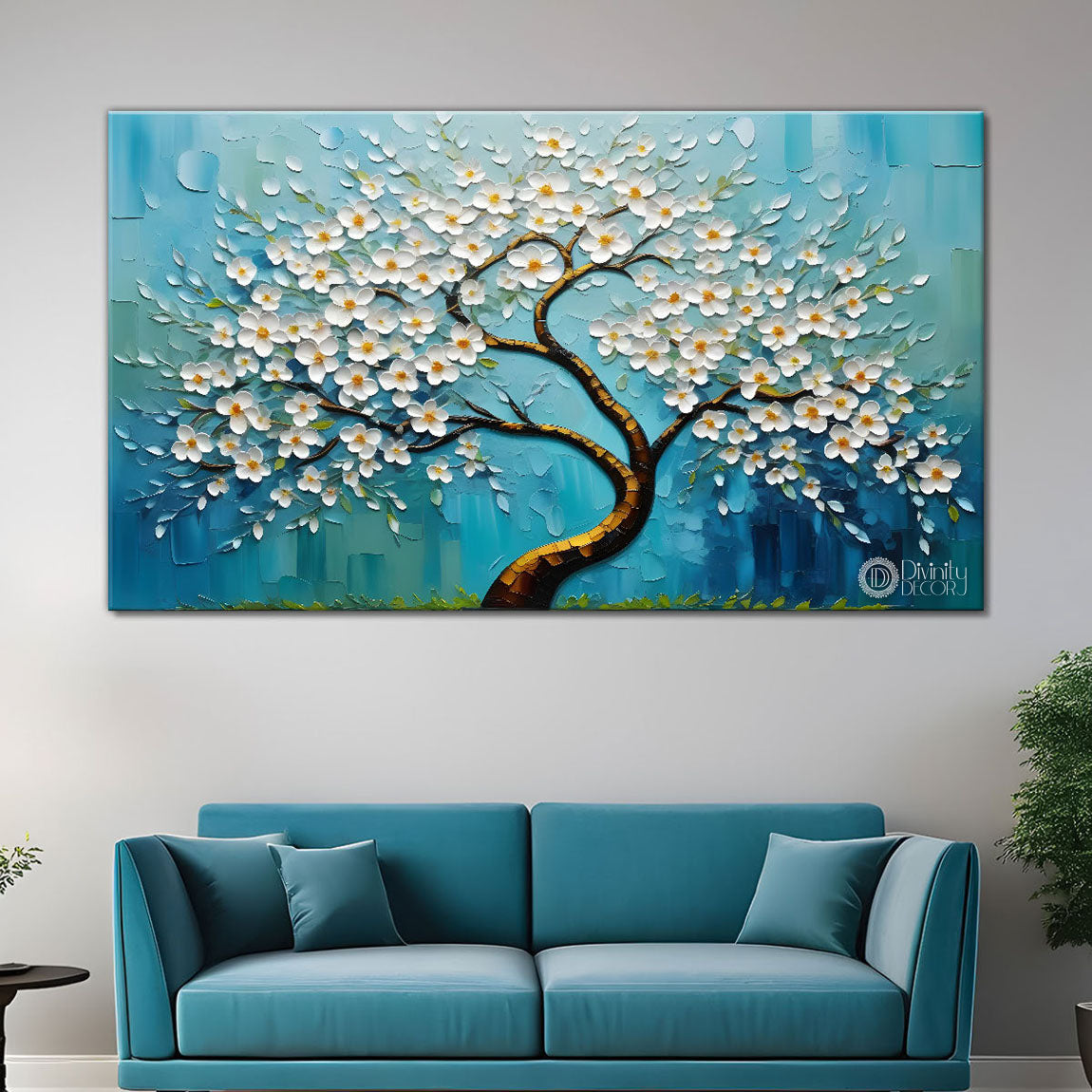 White flower tree in textured background oil painting- Design - Tree-266