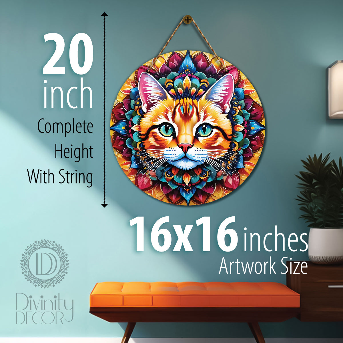Cat in blue and yellow mandala Round Wooden Wall Hanging for wall Décor - Design - 266