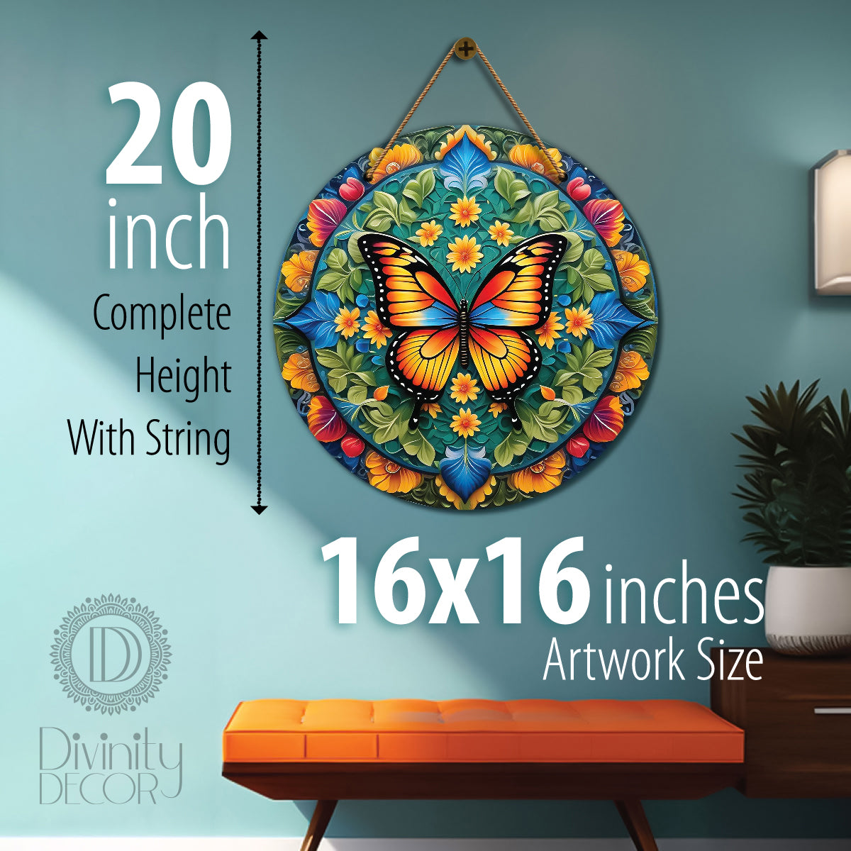 Butterfly in blue and green mandala Round Wooden Wall Hanging for wall Décor - Design - 267
