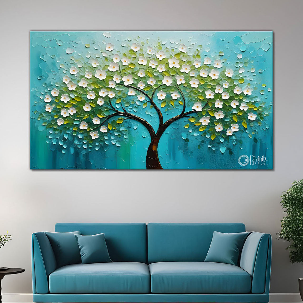 White flower tree in textured background oil painting- Design - Tree-268