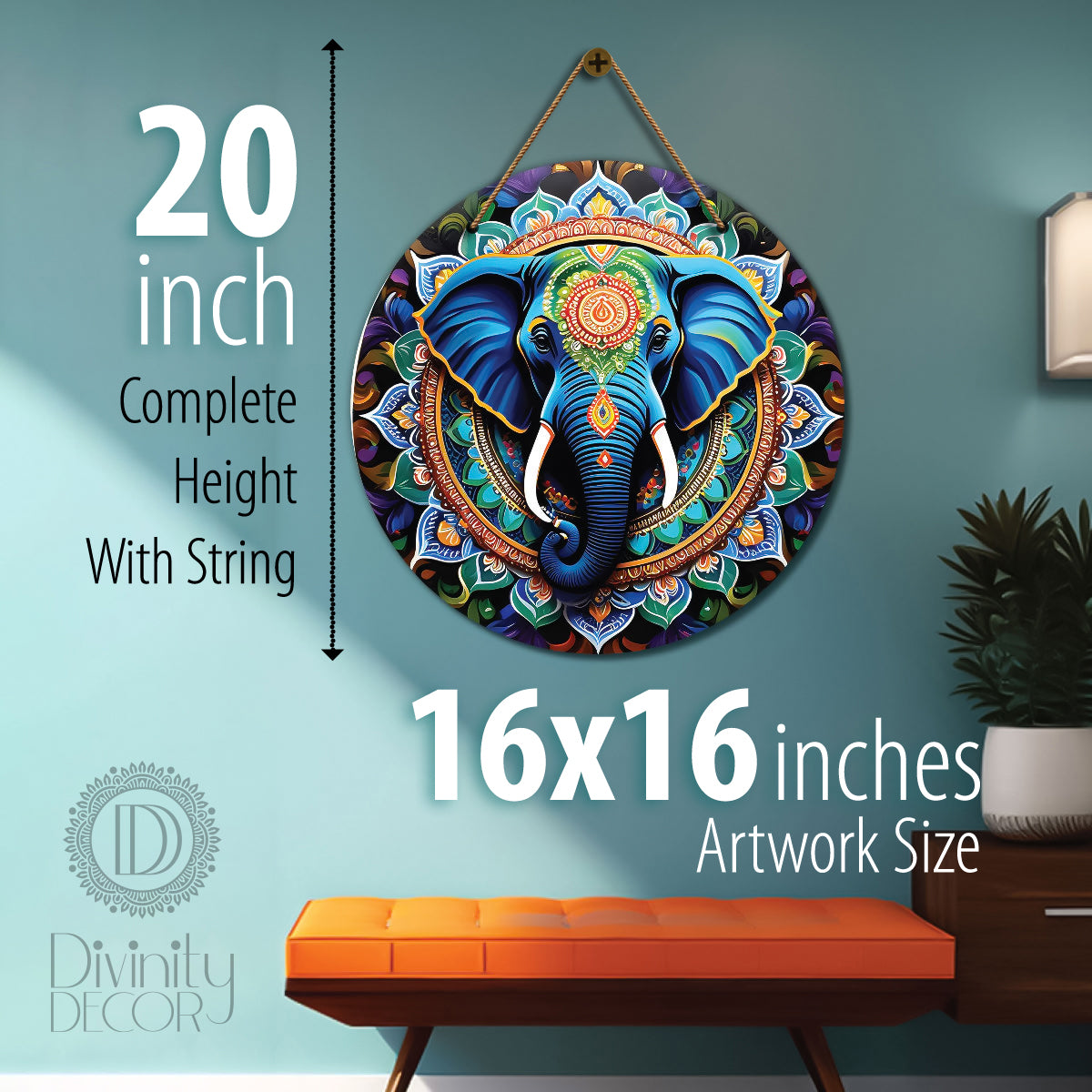 Elephant in green and blue mandala Round Wooden Wall Hanging for wall Décor - Design - 268