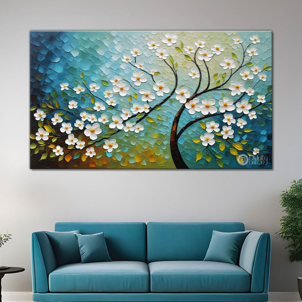 White flower tree in textured background oil painting- Design - Tree-269
