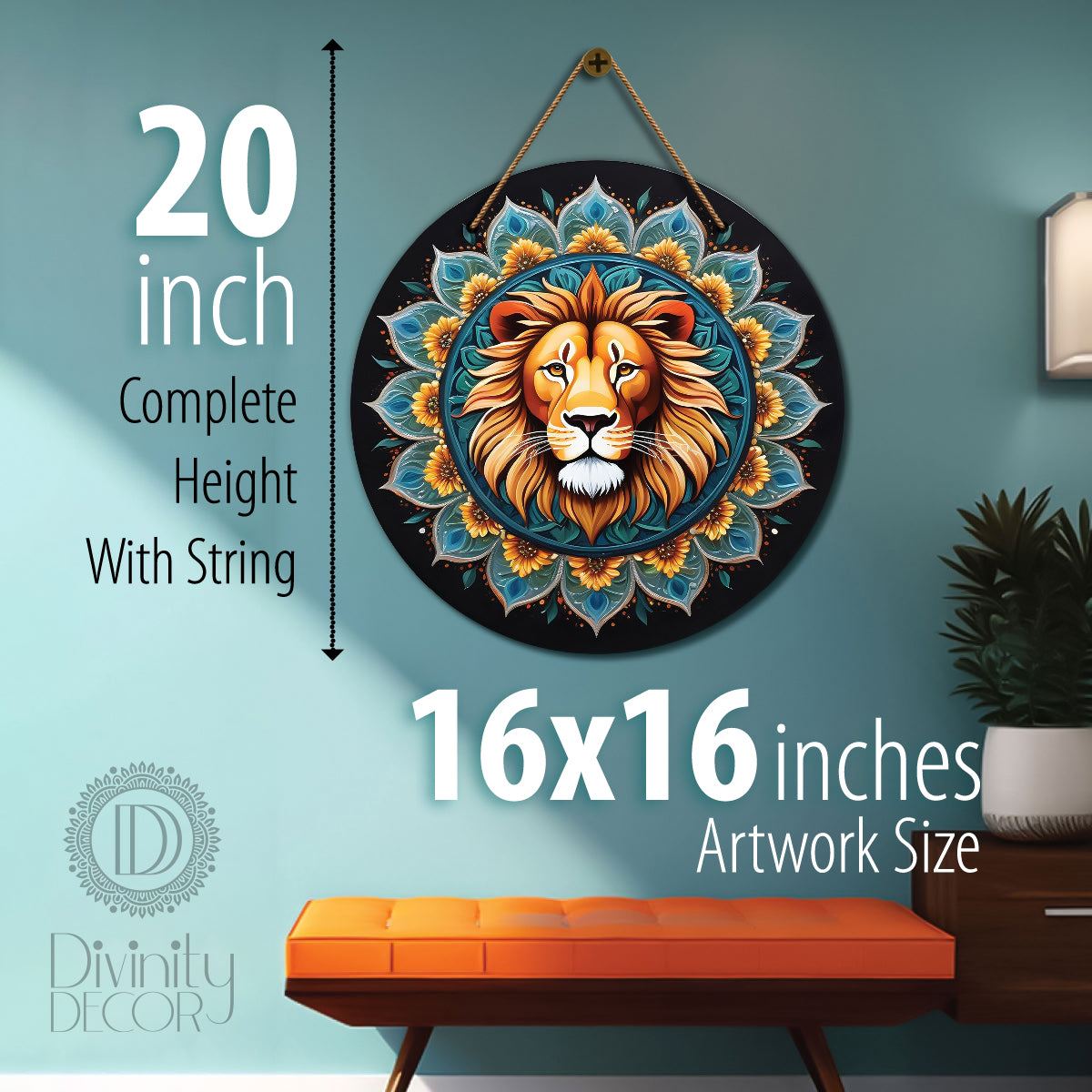 Lion in green and golden mandala Round Wooden Wall Hanging for wall Décor - Design - 269