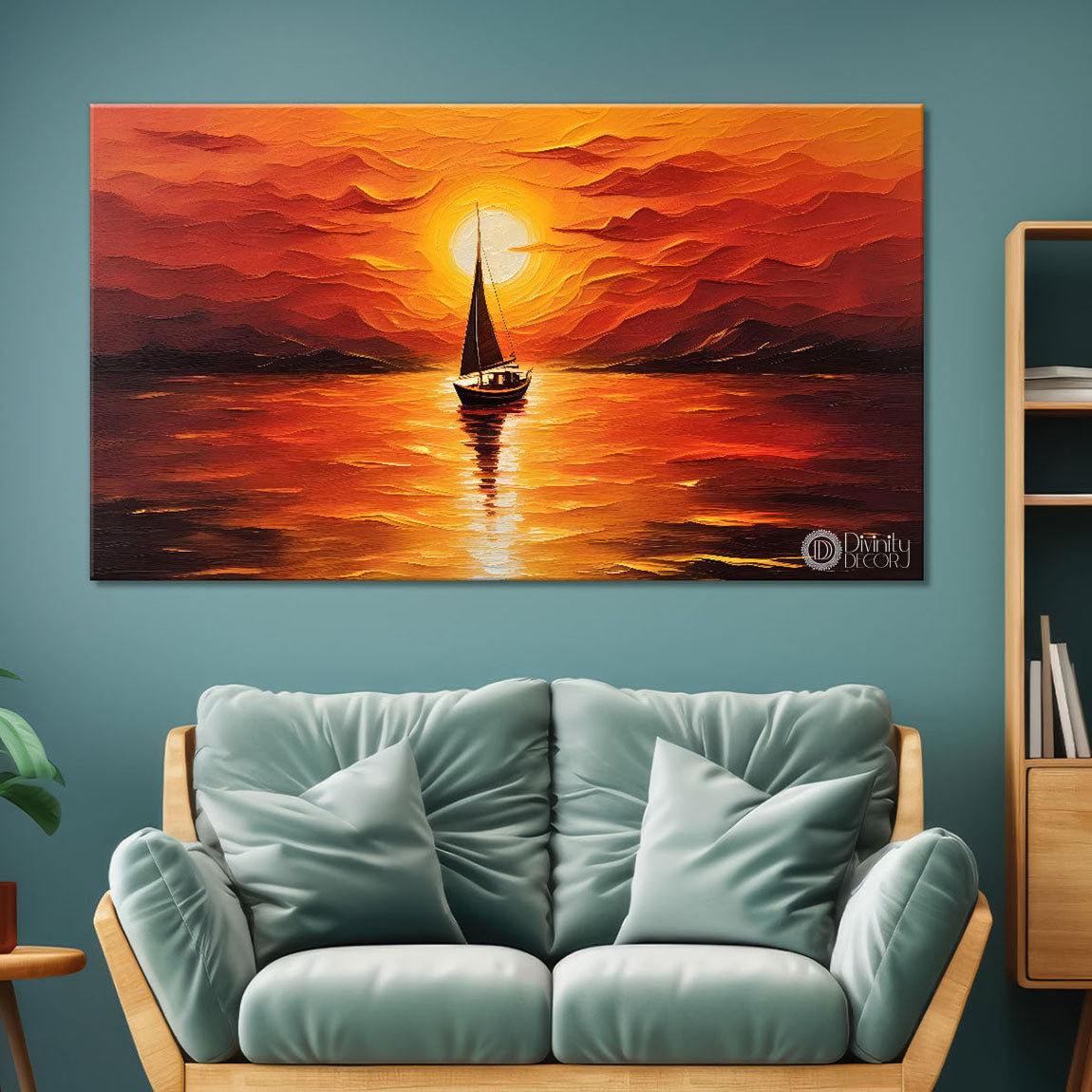 Boat in sea with sunrise background textured modern art canvas painting - Design - River-26