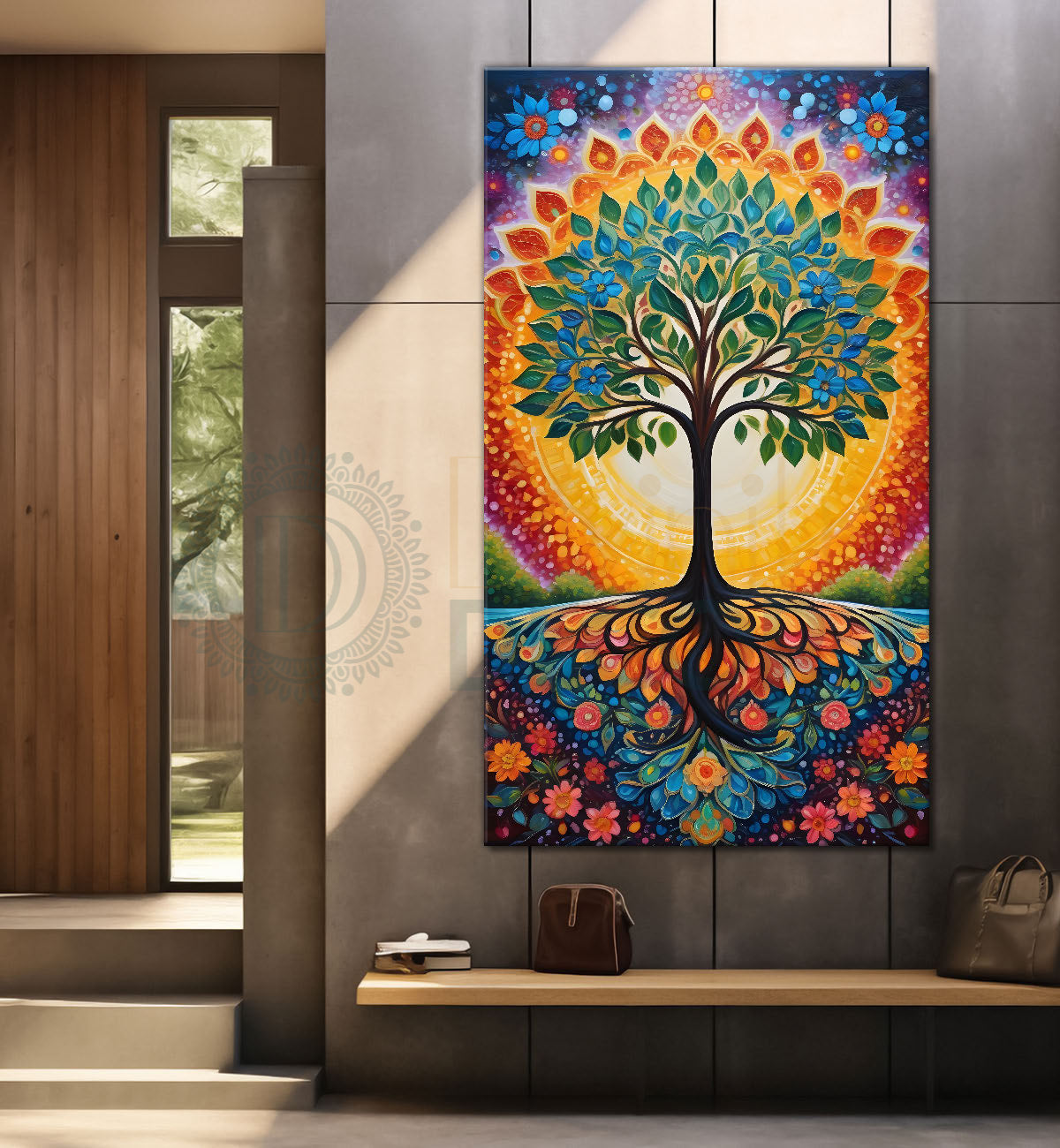 Tree with colourful flowers in bright background textured modern art Canvas painting - Tree-V-26