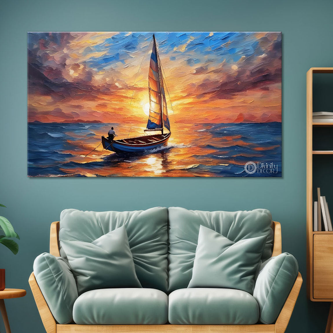 Boat in sea with sunset background textured modern art canvas painting - Design - River-27