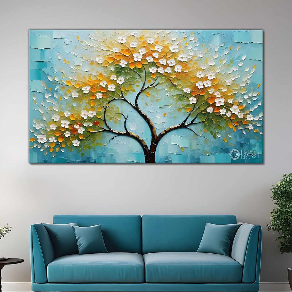 White flower tree in textured background oil painting- Design - Tree-270