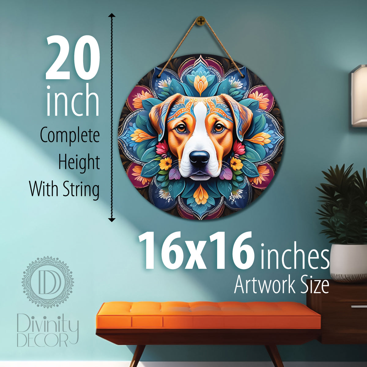 Dog in blue and floral mandala Round Wooden Wall Hanging for wall Décor - Design - 271