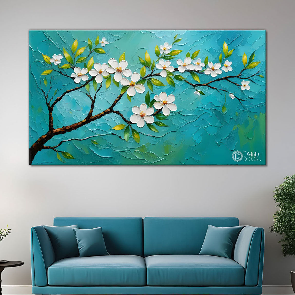 White flower tree in textured background oil painting- Design - Tree-272