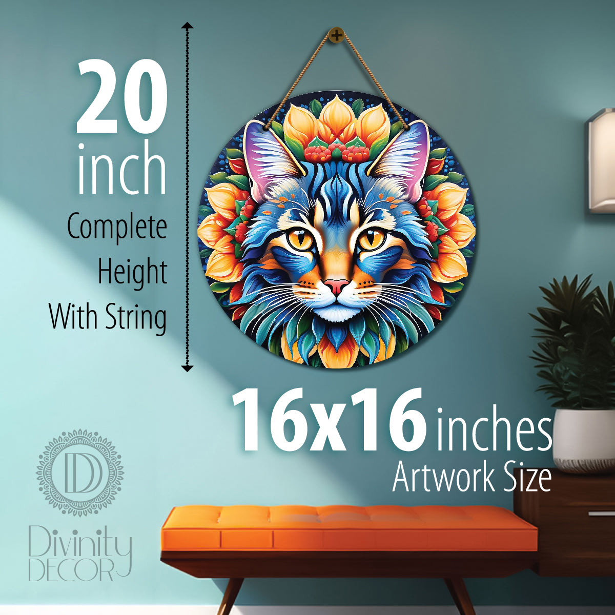 Cat in blue and yellow mandala Round Wooden Wall Hanging for wall Décor - Design - 272