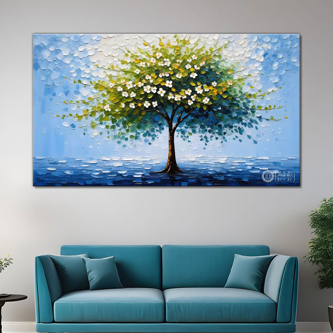 White flower tree in textured background oil painting- Design - Tree-273
