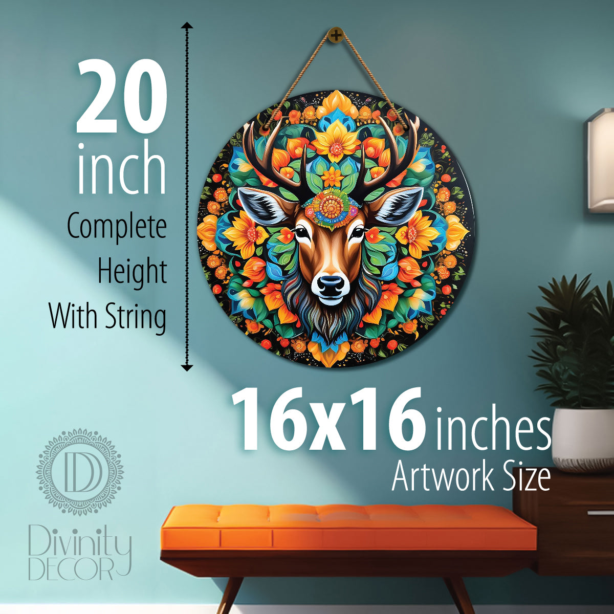 Deer in green and orange mandala Round Wooden Wall Hanging for wall Décor - Design - 273