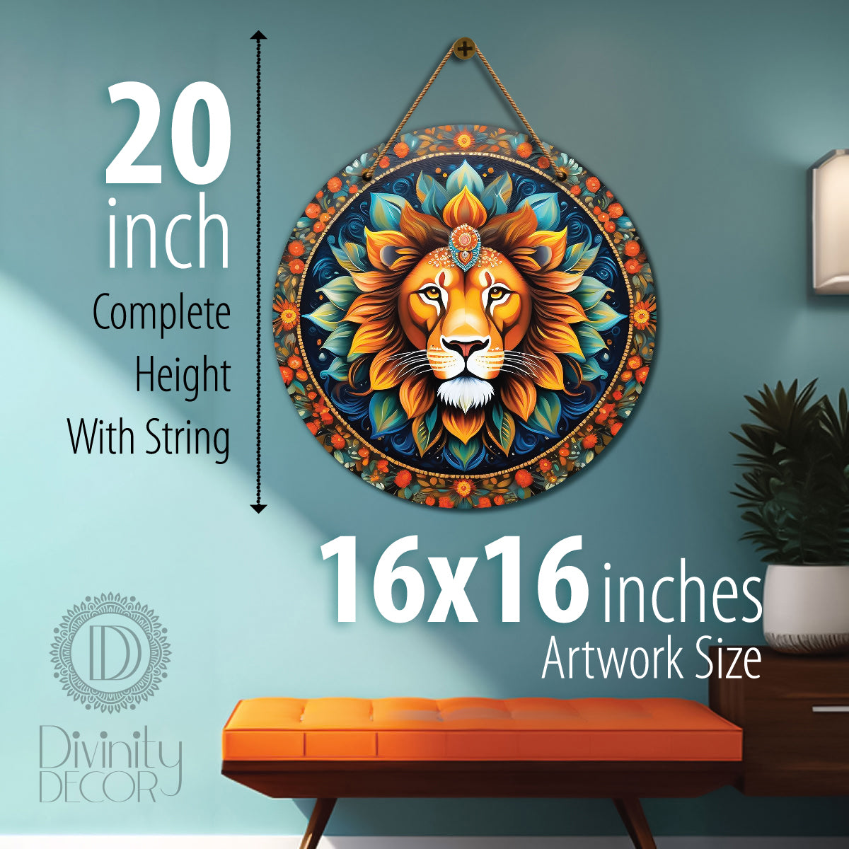 Lion in green and orange mandala Round Wooden Wall Hanging for wall Décor - Design - 274
