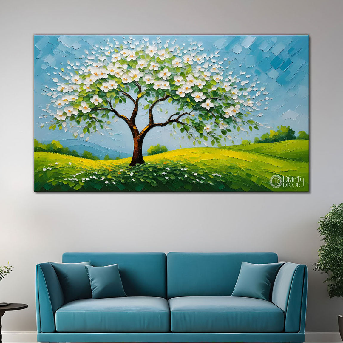 White flower tree in textured background oil painting- Design - Tree-275