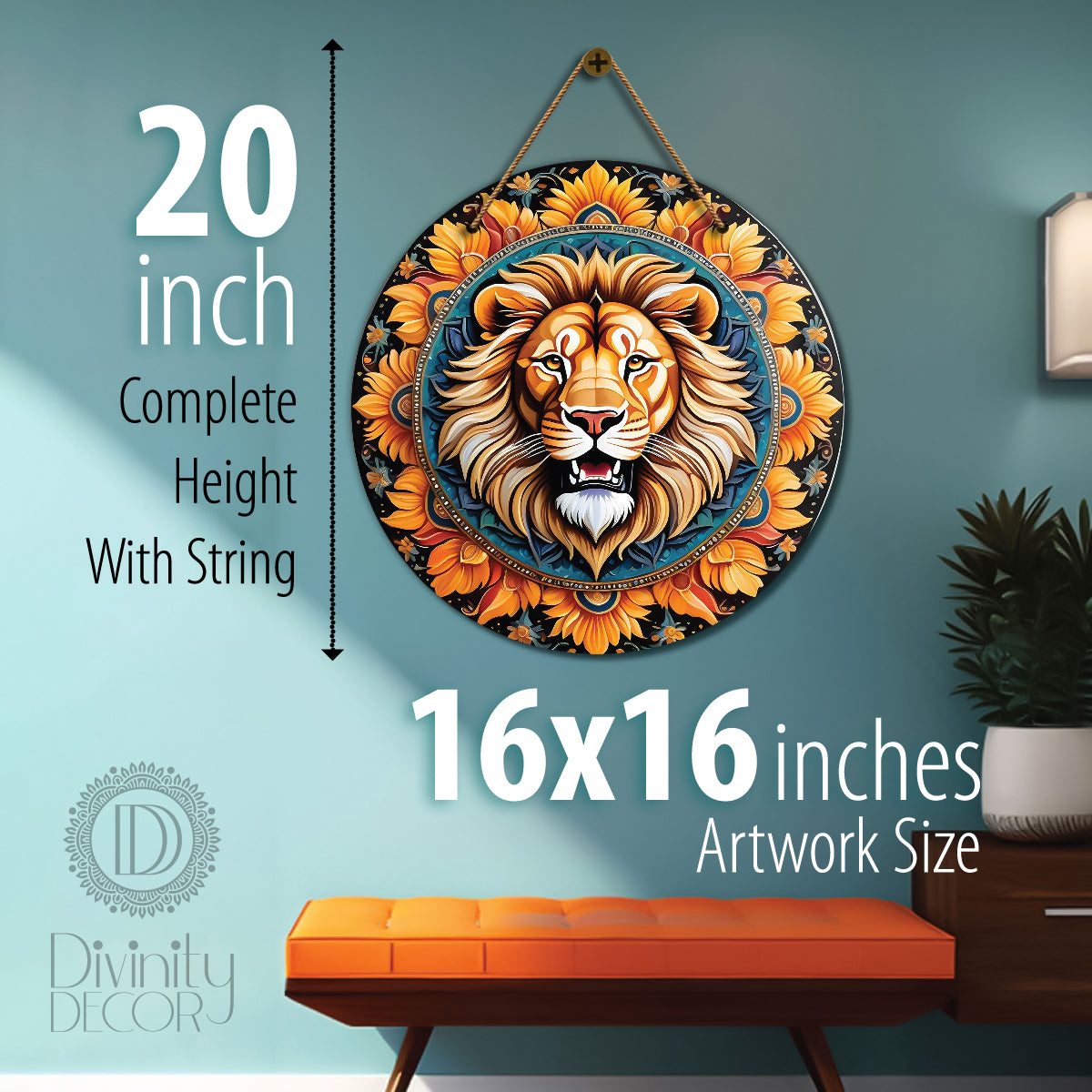 Lion in green and orange mandala Round Wooden Wall Hanging for wall Décor - Design - 275