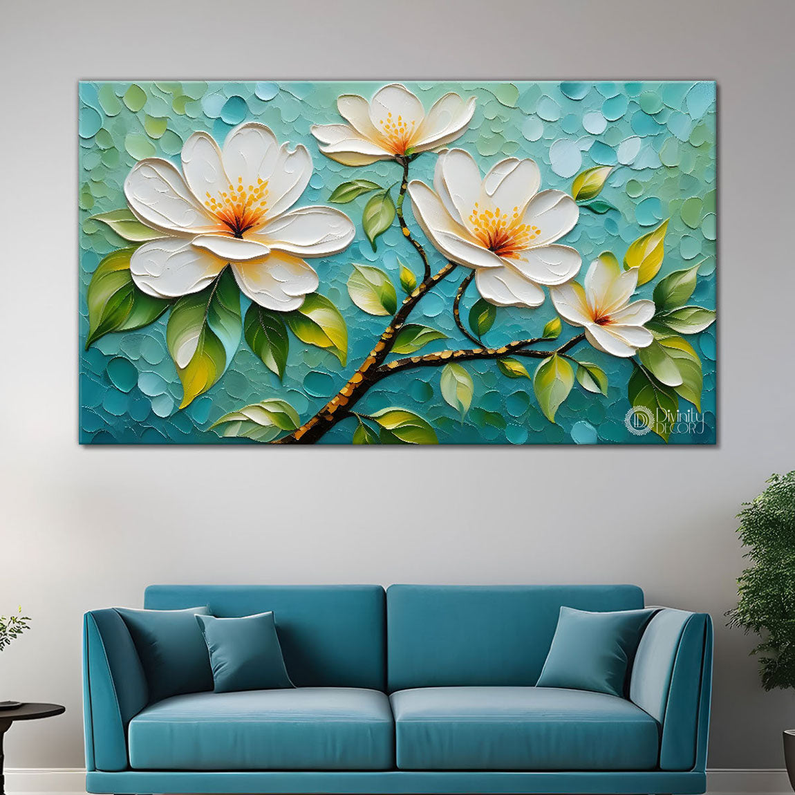 White flower tree in textured background oil painting- Design - Tree-276