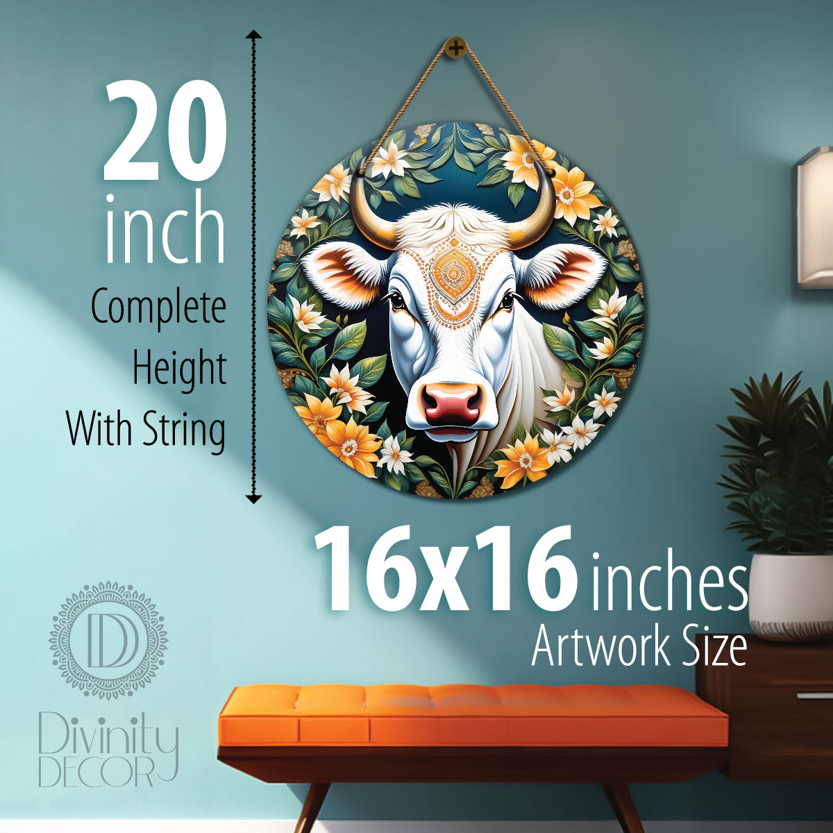 Cow in green and floral mandala Round Wooden Wall Hanging for wall Décor - Design - 276