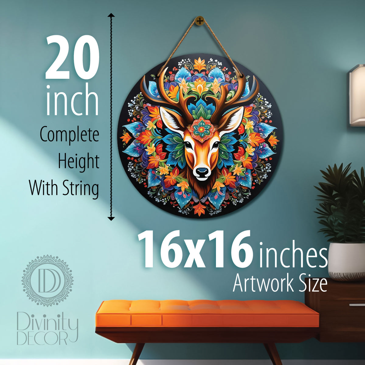 Deer in blue and orange mandala Round Wooden Wall Hanging for wall Décor - Design - 278