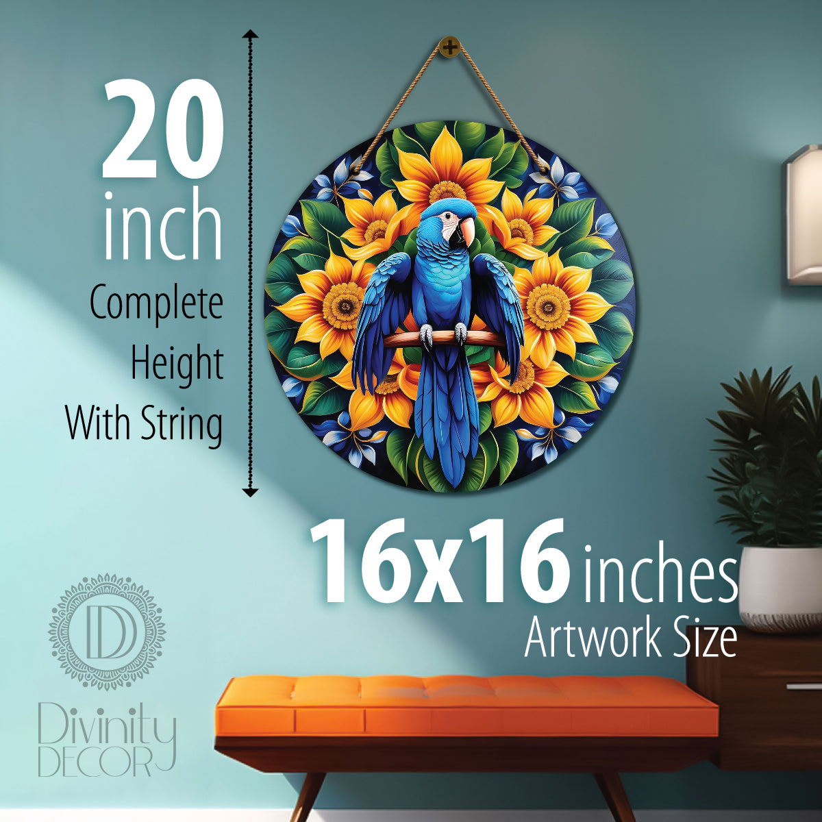 Parrot in green and floral mandala Round Wooden Wall Hanging for wall Décor - Design - 279