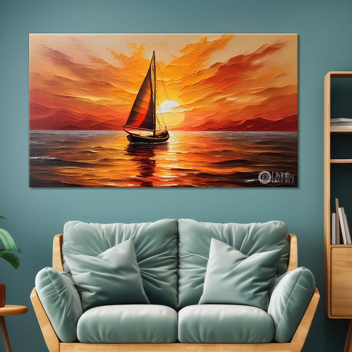 Boat in sea with sunset background textured modern art canvas painting - Design - River-28