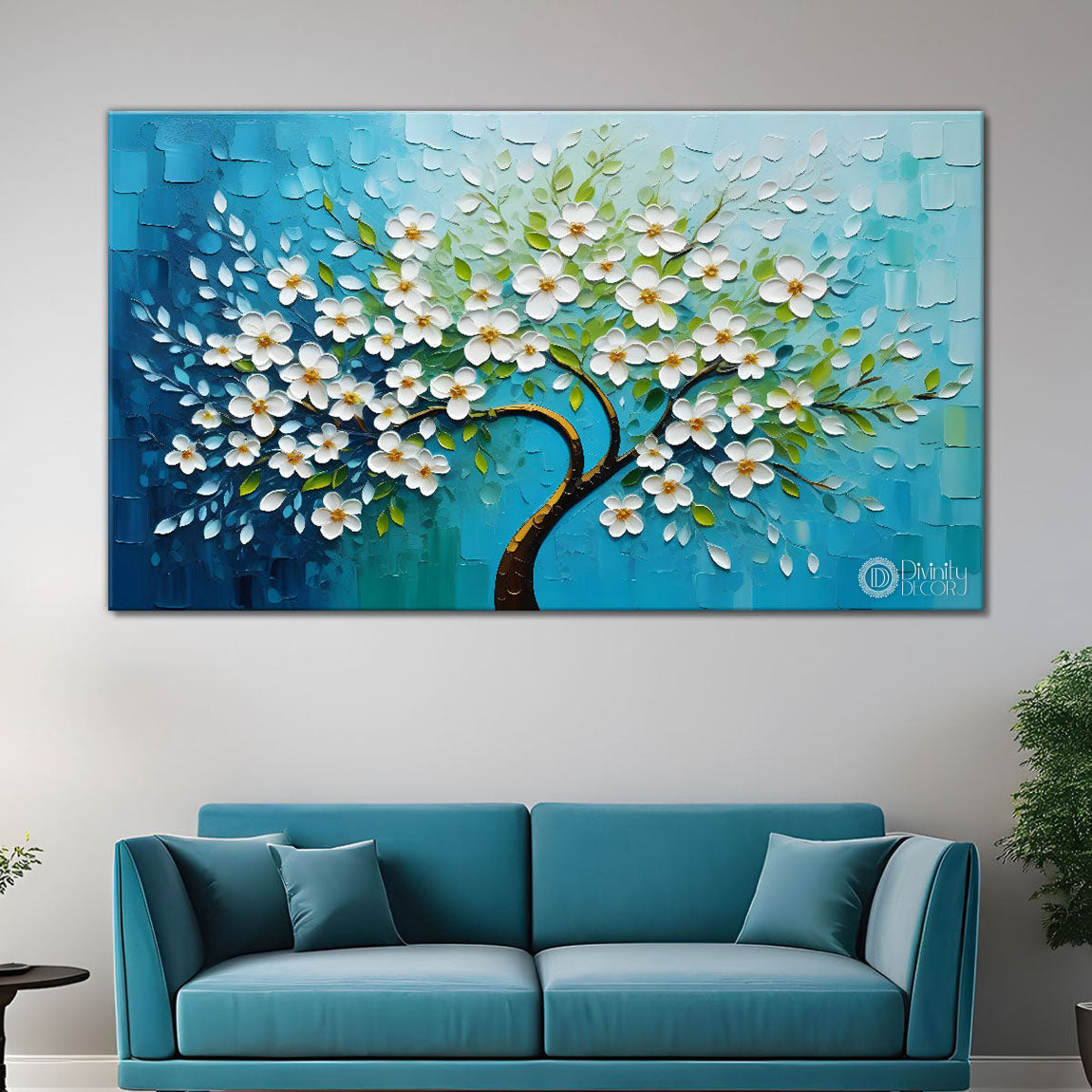 White flower tree in textured background oil painting- Design - Tree-280