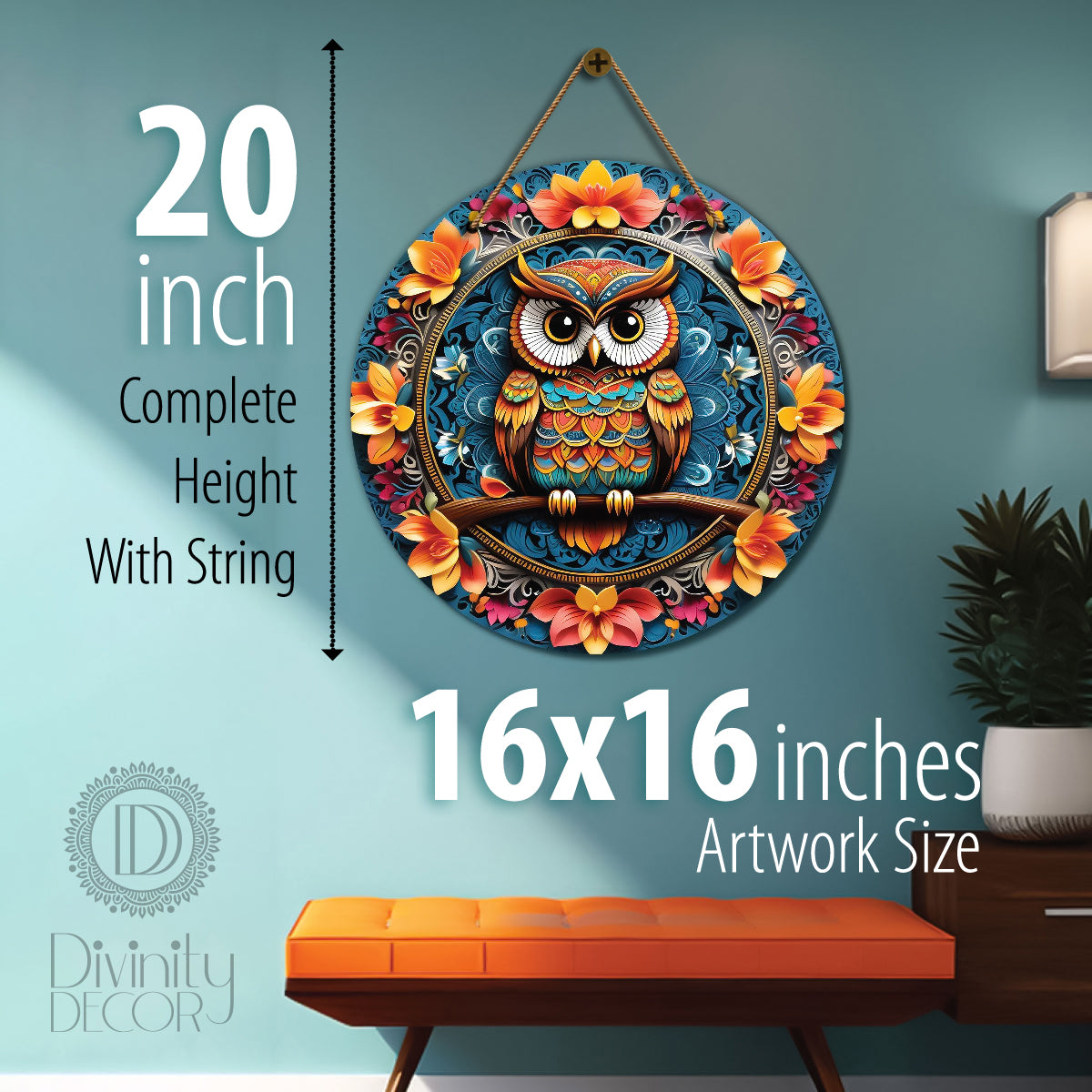 Owl in orange and blue mandala Round Wooden Wall Hanging for wall Décor - Design - 280