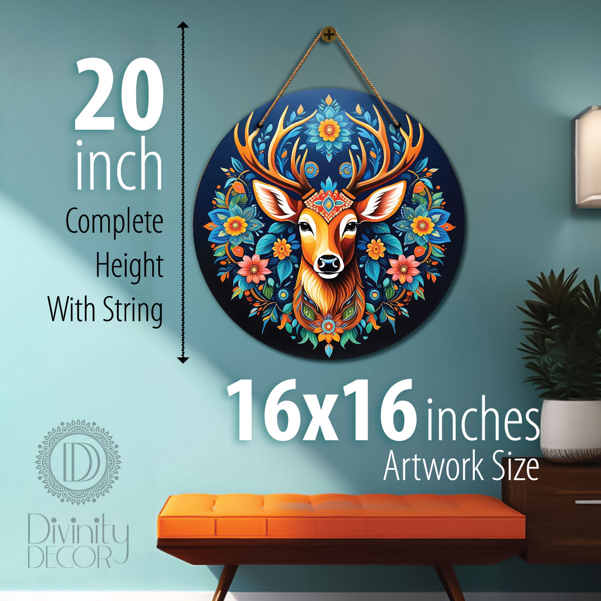 Deer in blue and yellow mandala Round Wooden Wall Hanging for wall Décor - Design - 281