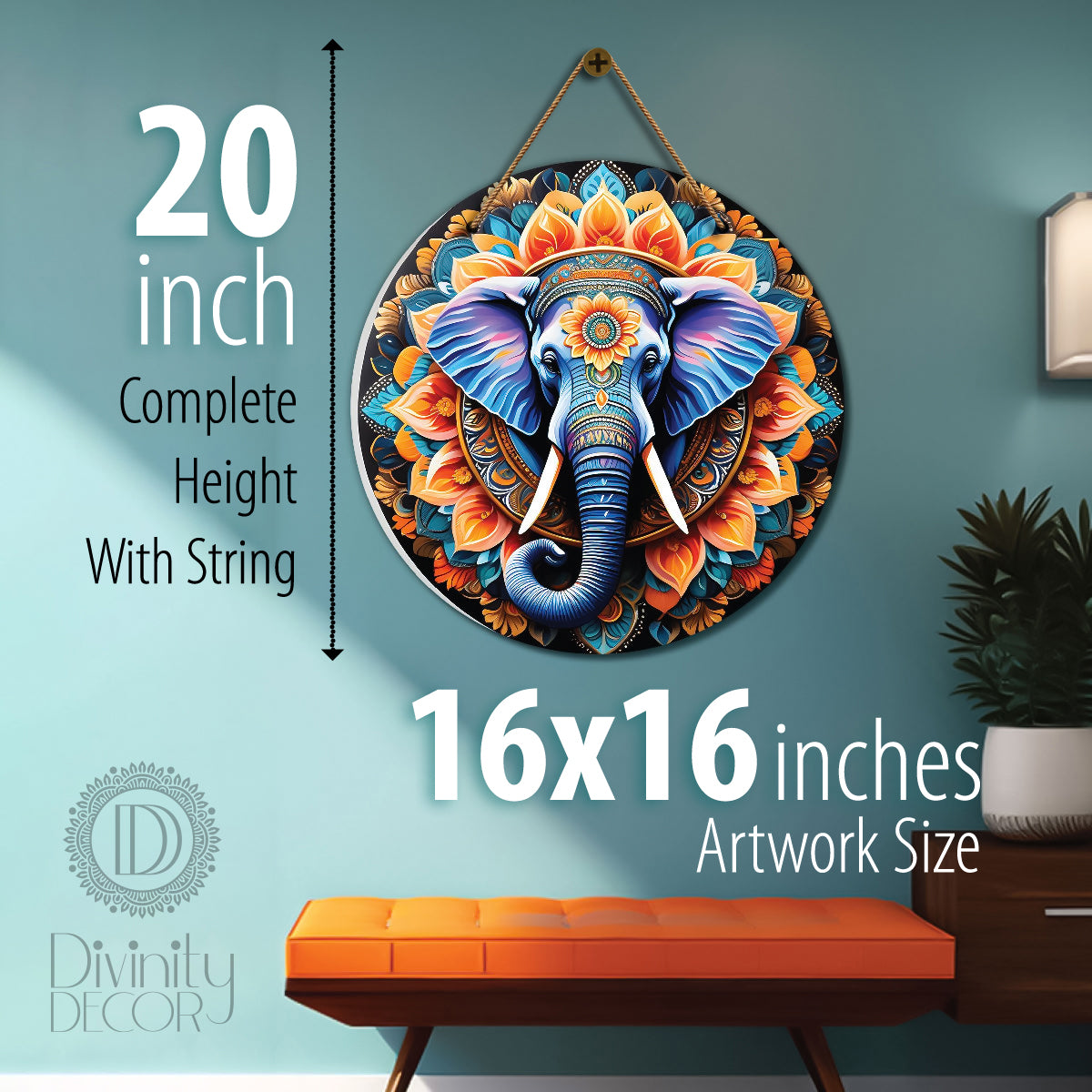 Elephant in green and yellow mandala Round Wooden Wall Hanging for wall Décor - Design - 282
