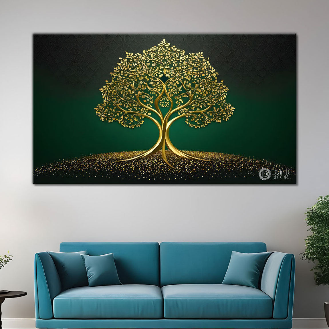 Golden tree in dark green textured background modern art- Design - Tree-283
