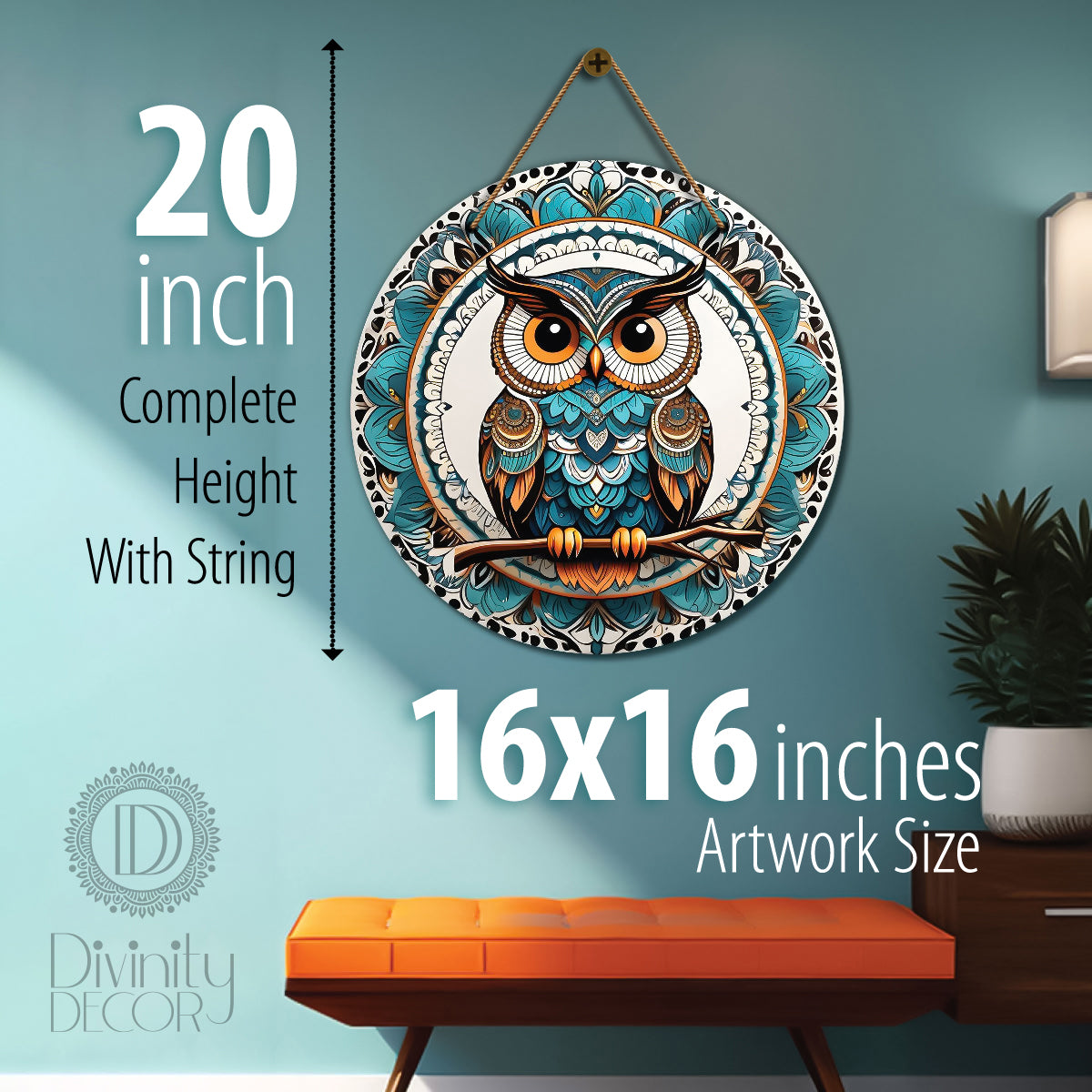 Owl in green and white mandala Round Wooden Wall Hanging for wall Décor - Design - 283