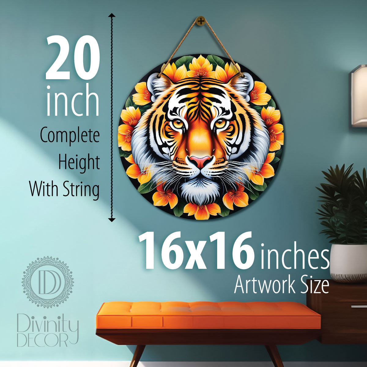 Tiger in yellow and black mandala Round Wooden Wall Hanging for wall Décor - Design - 285