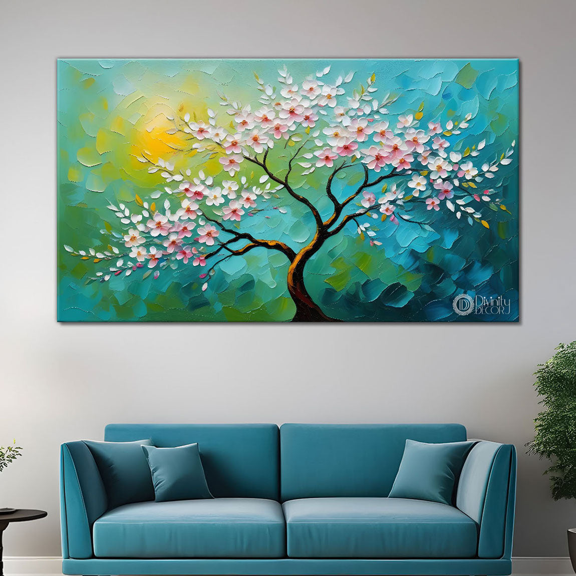 White flower tree in textured background oil painting- Design - Tree-286