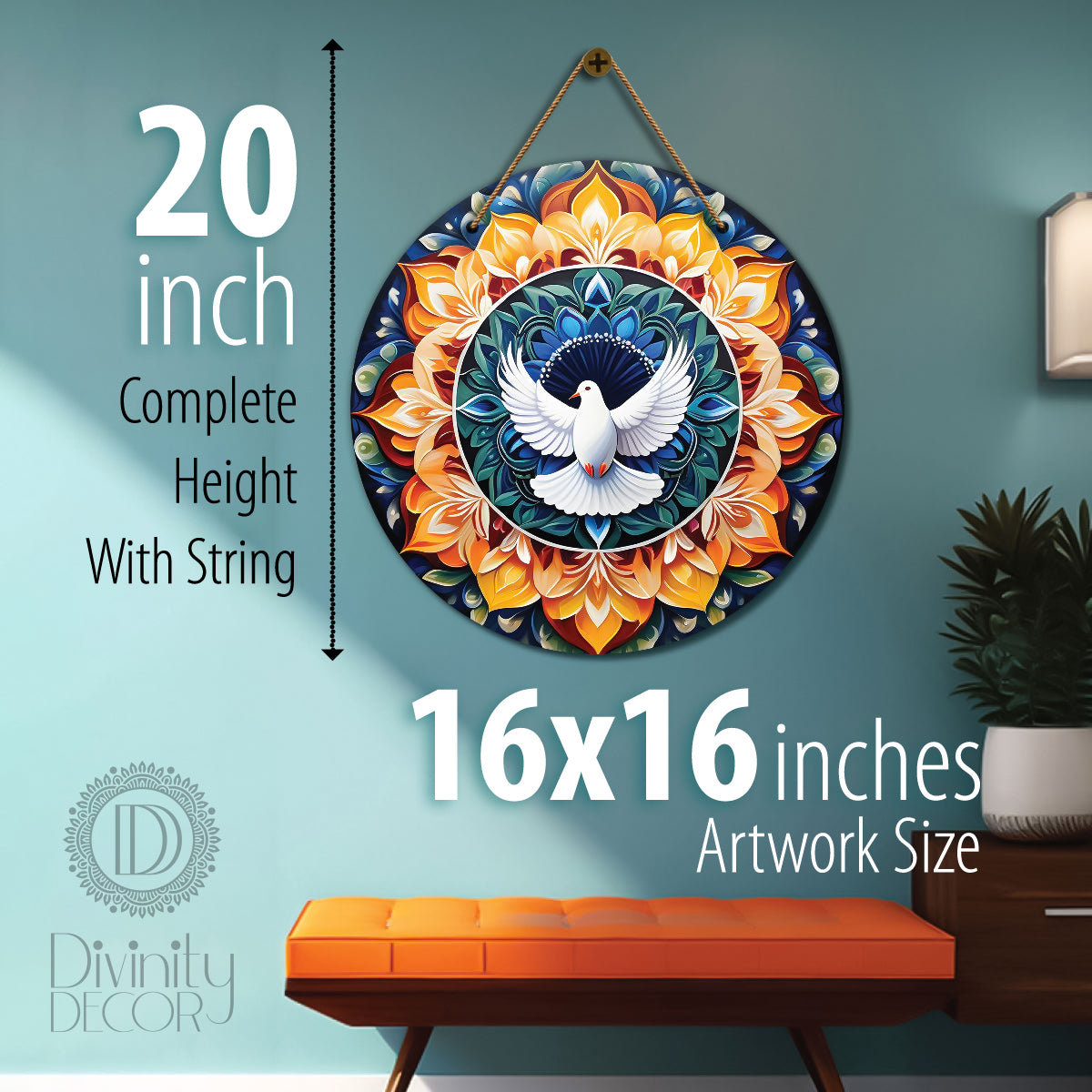 Pigeon in blue and yellow mandala Round Wooden Wall Hanging for wall Décor - Design - 286