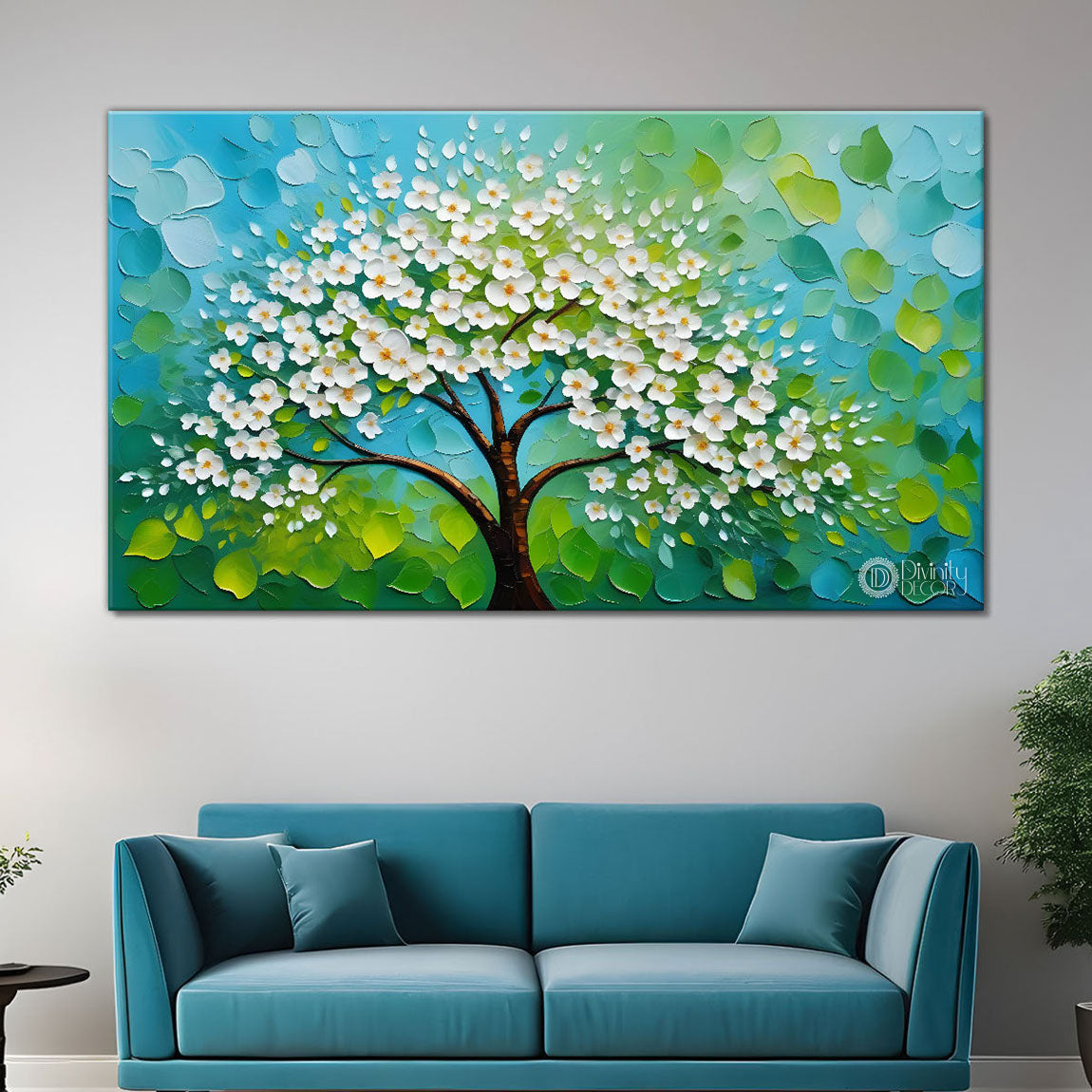 White flower tree in textured background oil painting- Design - Tree-287